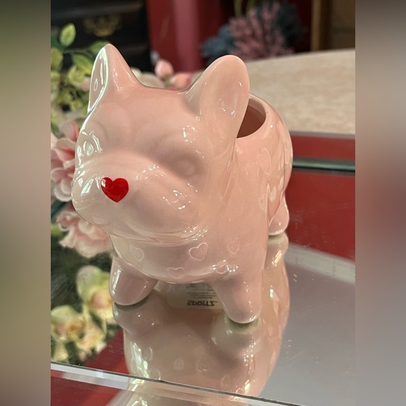 FRENCHIE Pink Dog Planter Valentine Red Heart Nose Ceramic 6”T x 5”W Spritz - Picture 4 of 13